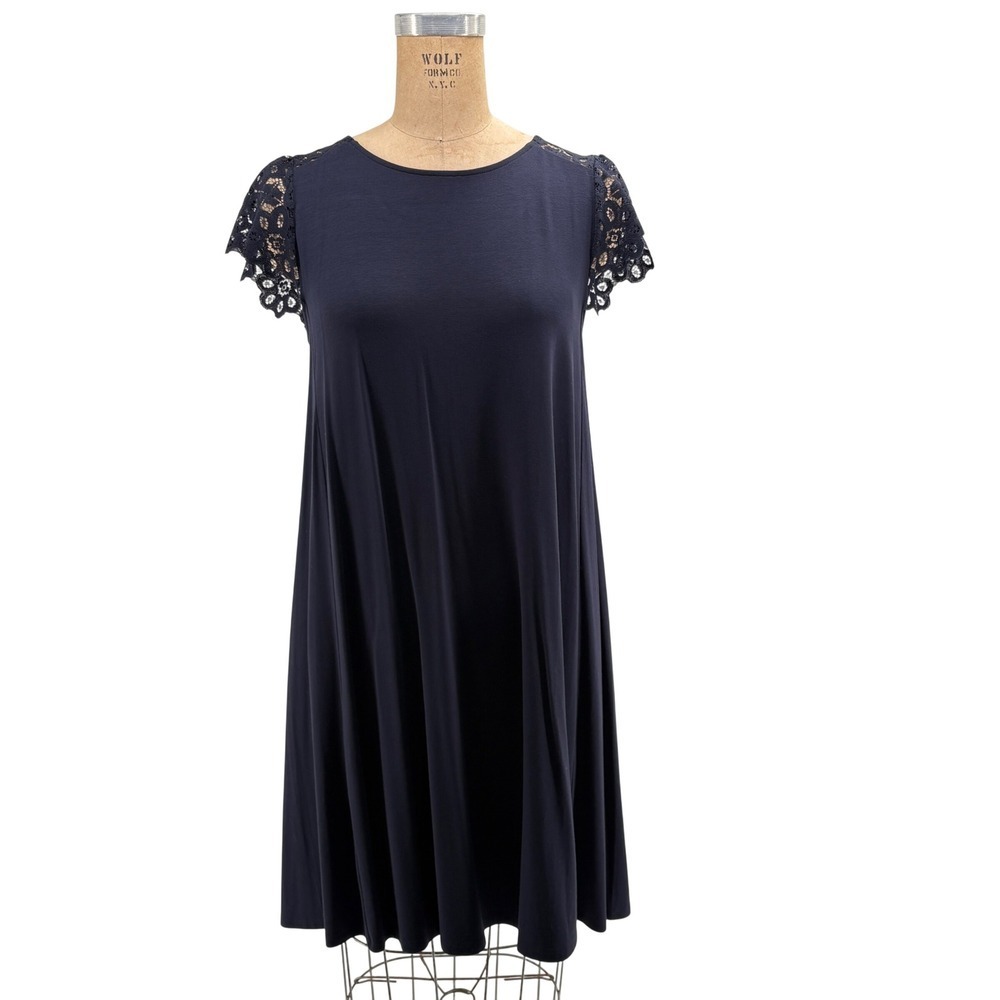 LOFT Petites Navy Blue Lace‎ Cap Sleeve Swing Dress Cutout Back MP New